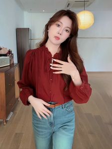 French Red Long Sleeve Shirt Women Spring Elegant Not Repeating Beautiful Anti-Aging Casual Shirt Slimming Button up Blouse