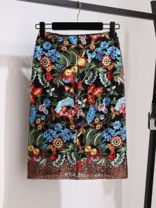 Elegant Heavy Embroidery Lace High Waist A-Line Midi Skirt Floral Print Hollow out Design Commute Style Polyester Fabric