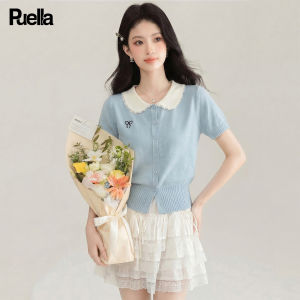 puella | Korean Style Lace Trimmed Peter Pan Collar Short Sleeve Knit Top