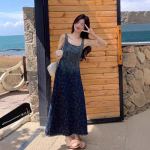 Fashion sleeveless denim dress womens new print gradual change sleeveless vest denim dress a word long skirt
