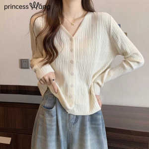 WANGGONGZHU | Princess Style Long Sleeve V-Neck Knitted Open Cardigan Loose Short Length Lazy Style Base Shirt Korean Version Breathable Material