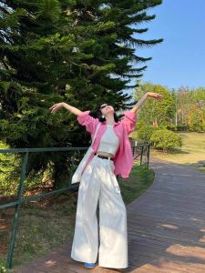 Pink Long Sleeve Sun Protection Shirt Jacket Womens Spring Summer Thin Outerwear Loose Top Korean Style Commute Fashion