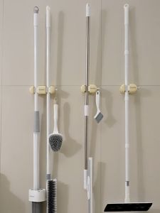 Waterproof Mop Broom Holder Wall Mount with Hooks Self-adhesive Punch-free Broom Mop Hanger for Pantry Closet Laundry Room Organization Heavy Duty Garden Kitchen Garage Tool Organizer