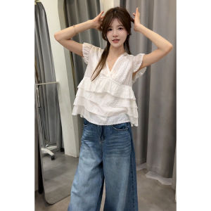 YUEZHONGWEI | French V-neck Lace Trim White Small Flying Sleeve Shirt Women Summer Slim Design Lotus Leaf Edge Blouse Top Commute Style