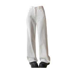 สูง เอว ขากว้าง กางเกงยีนส์ ผู้หญิง หลวม ฟิตติ้งสลิมตรง กางเกงขายาว ฤดูร้อน สีขาว ล้างวินเทจ เดนิม กางเกงขายาว