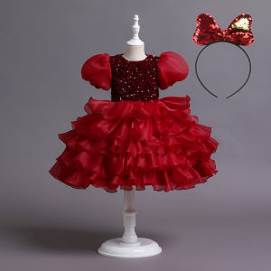 6 kích thước bé gái Đầm công chúa Midi ống tay phồng Sequins lớp cô gái ăn mặc cô gái trẻ em Bộ quần áo Băng đô bé gái hoa cô gái đám cưới tiệc sinh nhật tiết mục nhảy múa tuổi 2 3 4 5 6 7 8 9