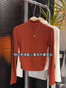 Half Turtleneck Red Shoulder Long Sleeves T-Shirt Female Brushed Base Shirt 2024 New Arrival Ruched Cinched Slimming Pullover Tide