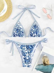 Bikini Cổ Treo Thắt Lưng in Họa Tiết Dành Cho Nữ Quần Short Tay Ngắn V-neck Đồ Bơi Hai Mảnh Polyester Xuất Xứ Trung Quốc