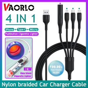 VAORLO Car Phone Usb Lighter Adapte 6A One Drag Four Fast Charging Cable Windproof Electronics Button Ignition Universal USB To TypeC/Micro/Lightning Compatible With iPhone IOS Android For all Smartphones