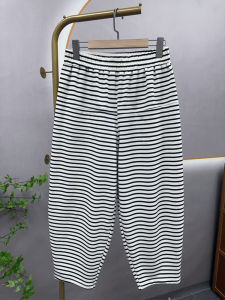 Slimming plus Size Womens Summer Thin Striped Pants Versatile Mommy Casual Harlan Trousers Natural Waist Nine Points Long