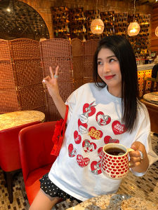 Loose Fit Printed T-Shirt Womens White Casual Style Cotton Knitted Short Sleeve round Neck Basic Spring Fashion Design