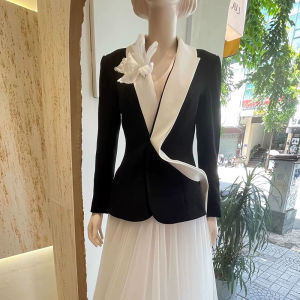 French Elegant Black and White Contrast Blazer Slim Fit