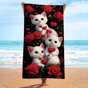 Rose White Cat 3D Printing Bath Towel Outdoor Travel Quick-dry Absorb Water Beach Blanket70x140CM Fitness Microfiber Beach Towel