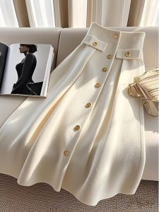 WANGGONGZHU | Elegant White Knitted A-Line Mini Skirt Womens Spring Autumn High Waist Draped Age-Defying Korean Style Commute Fashion