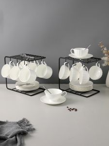 European Style Pure White Bone China Coffee Cup Set with Stand Printed Logo Ceramic Coffee Utensils Wide Mouth Coffee Cup