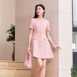 Summer New Pink A-Line Dress Womens Fashion High Waist Short Sleeve ShangFeng Style Single Piece High Quality Polyester Blend