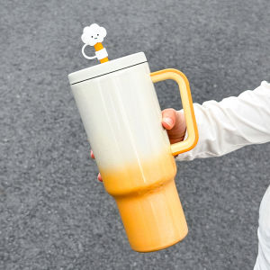 1pc Gradient Vacuum Insulated Water Bottle 1200ml Large Capacity Straw Coffee Mug Portable Handle Travel Tumbler for Car
