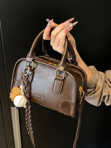 Fashionable Bowling Bag Womens Shoulder Bag Retro Trend Handheld Crossbody Bag Soft PU Leather Casual Pure Color Design