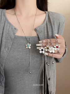 Tiger Eye Stone Flower Pull out Long Necklace Womens Fashionable Sweater Chain Daily Versatile Accessory Korean Style Alloy Pendant