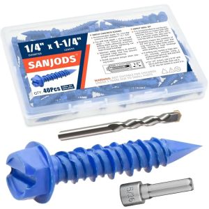 40pcs 1/4" x 1-1/4" Concrete Screw Anchor Blue Hex Head Screws for Anchoring to Masonry Brick Block Cement or Stucco
