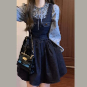 Autumn Clothing Matching a Set of Age-Reducing Korean Style Miu Li Miu Gas Wear Matching Denim Suspender Dress Two-piece Set Clothing Dress