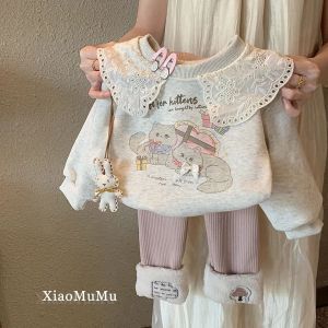 Girls Fleece Lined Hoodie Cartoon Cat Letter Print Ruffle Collar Baby Warm Top Trendy Cute Korean Style Womens Sweatshirt