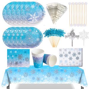Frozen Snowflake Disposable Tableware Paper Plate Cup Napkin Banner Tablecloth Winter Holiday Snow Theme Birthday Party Decor