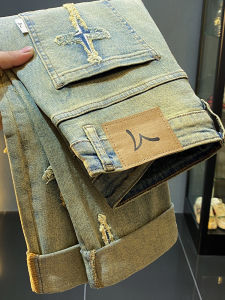 Phong Cách Mỹ Rách Denim Quần Jean Nam Mùa Thu Mùa Đông Thuốc Nhuộm Bùn Màu Vàng Cổ Điển Ôm Vừa Vặn Quần Dài Thời Trang Chân Thẳng Đường Phố Cao Cấp