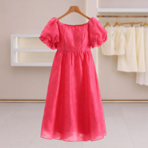 French Style Puff Sleeves Tied Waist Dress