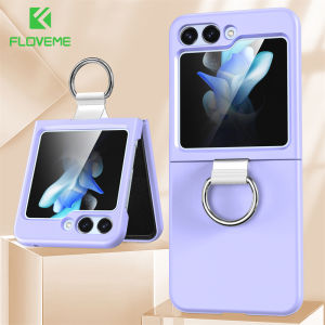 FLOVEME Luxury With Ring Holder Folding Matte Phone Case For Samsung Galaxy Z Flip 5 4 3 5G Frosted Ultra Thin Solid Color Hard PC Shockproof Back Cover For Galaxy Z Flip 5 4 3