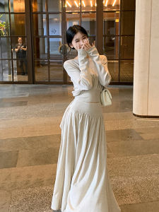 Orange Studio High Waist Long Sleeve Splice Slimming Top And Skirt Set Womens Autumn Fashion plus Size Straight Cut Outfit