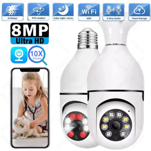 WiFi IP Camera E27 Bulb Cam 8MP Wireless Baby Monitor AI Tracking Security Video Surveillance Pet Cam Color Night Vision Indoor