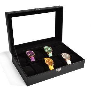 New Style 12 Slots Black PU Leather Watch Box Glass Top Display Case with Black Pillow Jewelry Storage Organizer Gift for Men