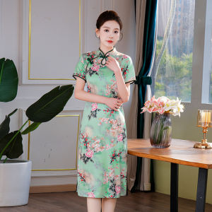 Váy Sườn Xám Tay Ngắn Thời Trang Mùa Hè Cho Phụ Nữ Trung Niên Váy Dài Cổ Tròn Dáng Rộng Họa Tiết Hoa Và Chim