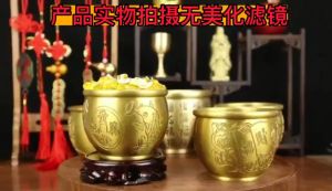 已开光发财缸 纯铜铜缸摆件聚宝盆黄铜米缸烟火缸小黄米缸百福缸桌面客厅装饰品