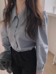 Korean Style Long Sleeve Shirt Mist Blue Polo Collar Loose Fit White Enhancing Simple Chic Layering Outerwear Ready for Fall