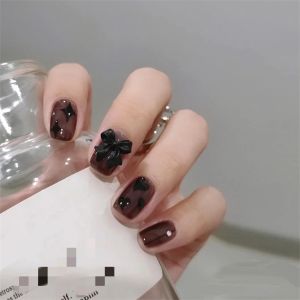 24pcs/set Short Acrylic Dark Sweet Cool Fake Nails Full Coverage Love Bow Wear Nails False Removable Reusable Press on Nail Art