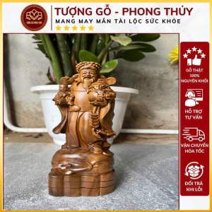 Tượng Thần Tài bế trẻ em cầu mong hạnh phúc gia đình may mắn con cháu sum vầy gỗ bách kích thước Cao 20-8-6cm