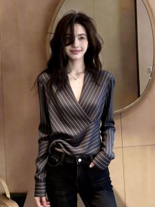 French Style V-neck Wrap Stripe Blouse