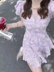 HUAYILING | Purple Embroidered Lace Bell Sleeve Dress