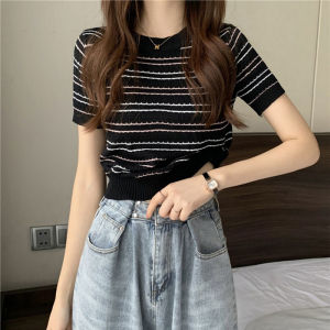 Tail-cut Remaining Order Womens T-shirt Striped Short Sleeve
