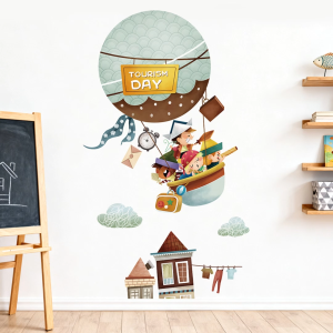 Decal dán tường Trẻ em khám phá thế giới bằng khinh khí cầu Có keo sẵn Trang trí phòng cho bé