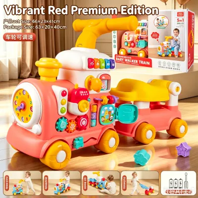 5 in 1 Baby Walker Train Anti-rollover Toddler Push Car Multifunctional Educational Toy with Spray Kids Birthday Gift Box