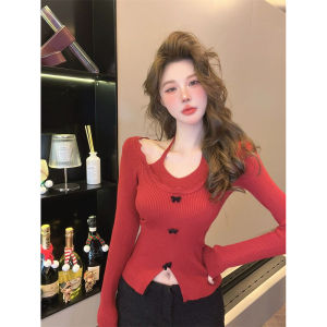 Stunning Red Knitted Sweater Womens Slim Fit Long Sleeve Top Beautiful Lockbone Exposure Perfect for New Years Celebration