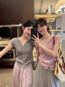 French Elegant V-Neck Knitted Open Cardigan Womens Summer Blue Slim Ice Silk Thin Short Sleeve T-Shirt Top Breathable Comfortable