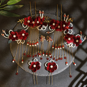 เครื่องประดับผมสไตล์โบราณสีแดง ดอกไม้ปุยสีแดง ติดผมแบบซ้อนกัน ตกแต่งผมสไตล์ฮันฟูสำหรับเจ้าสาว เครื่องประดับผมแบบเต็มชุด วัสดุอื่นๆ