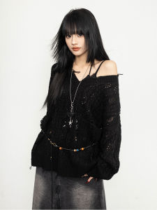 Black Hollow out Thin Sweater Long Sleeve V-Neck Loose Knitted Top for Women Street Style Autumn Fashion Ladies Premium Knitwear