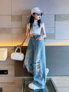 Girls Jeans Spring Autumn Wide Leg Pants Street Dance Style Childrens Clothing Spring Summer Autumn Fashion Breathable Cotton
