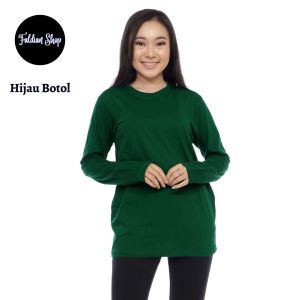 Kaos Polos Wanita Oneck Lengan Panjang Bahan Katun Combed 30s Warna Hijau Botol