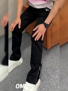 Side Zipper Straight Black Jeans Slim